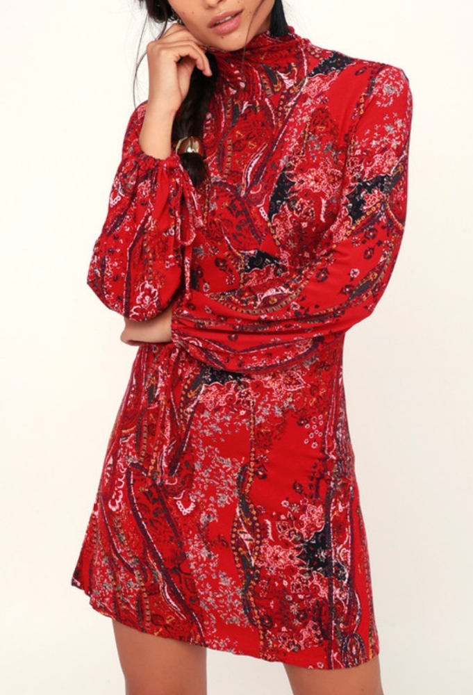 Free People Red Paisly Turtle Neck Mini Dress